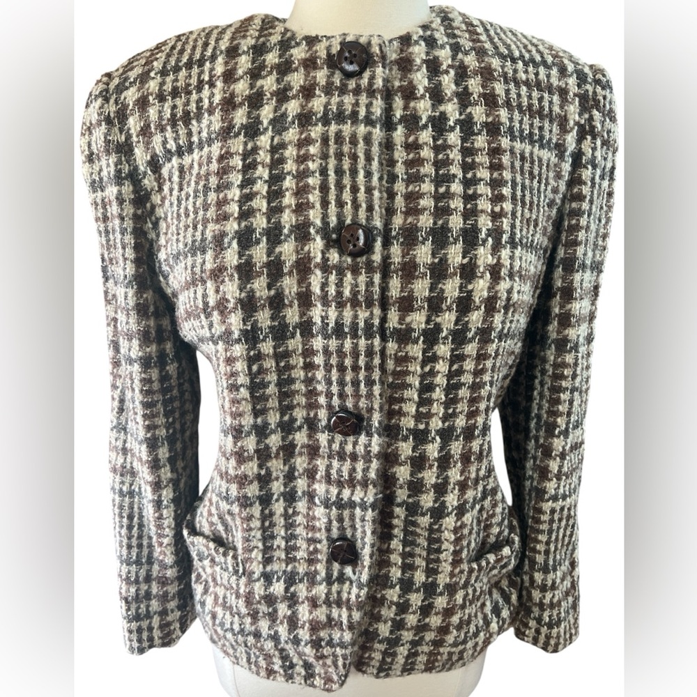 Linda Allard Ellen Tracy Wool & Alpaca Brown,Cream Plaid Button Blazer Size 12